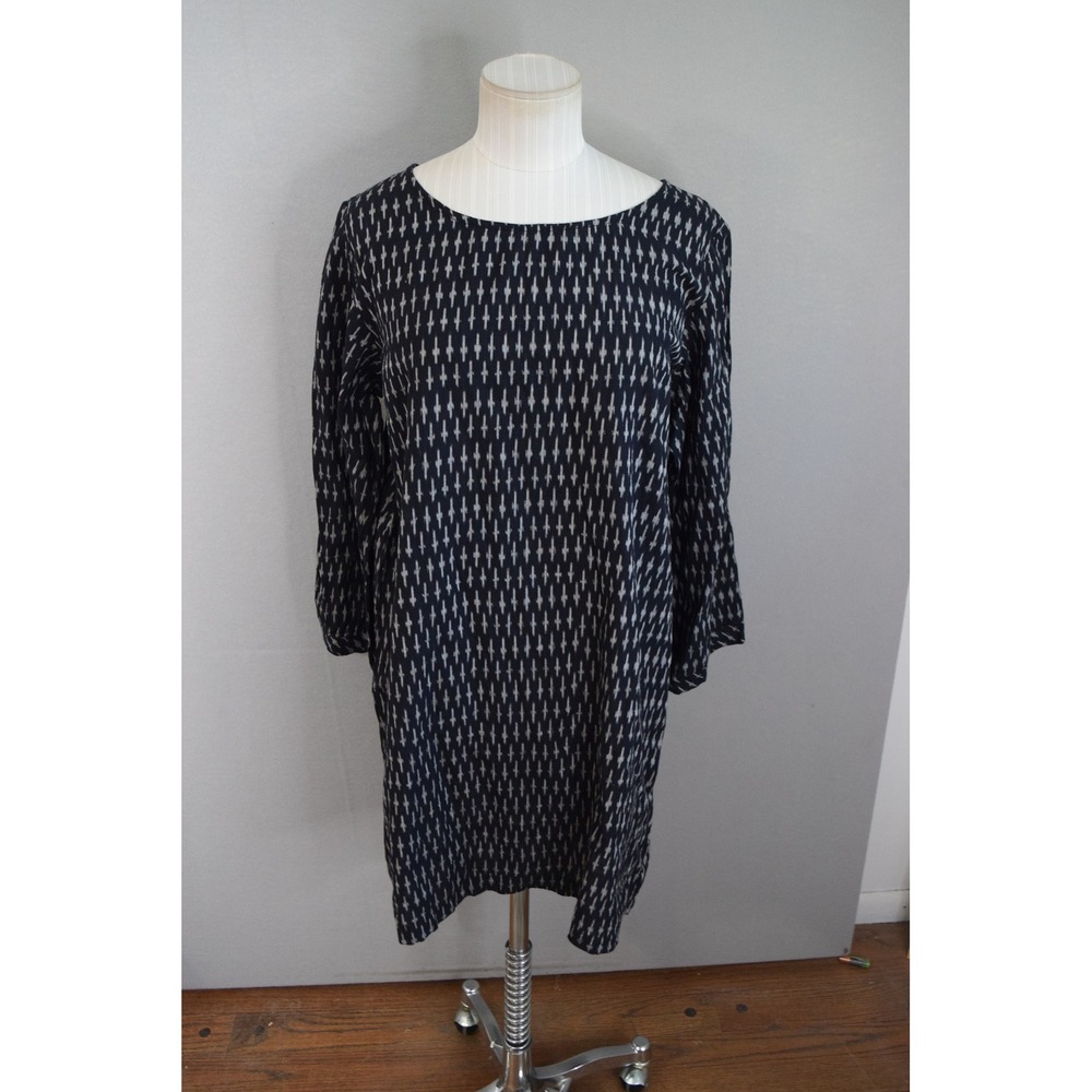 Matta Shift Dress Large Black White Ikat Cotton 3/4 Sleeve Womens Boho India
